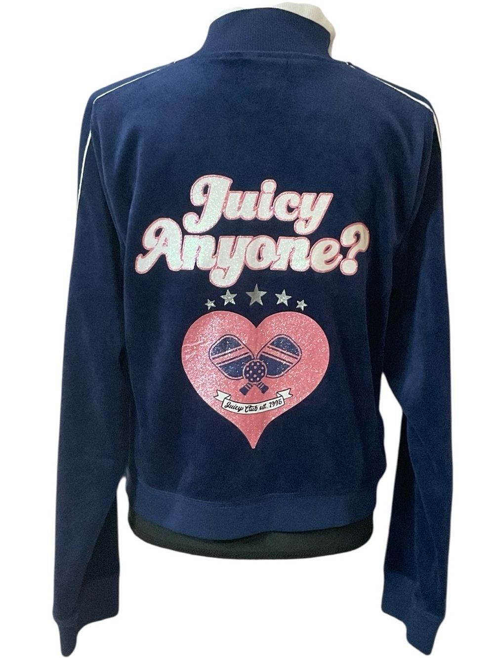 Juicy Couture Navy Velour Pickleball Jacket with Pink Heart Back Graphic